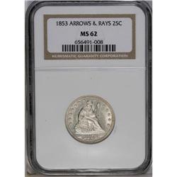 1853 25C Arrows and Rays MS62 NGC. An untoned, crisply 