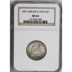 1853 25C Arrows and Rays MS63 NGC. Whispers of cobalt- 