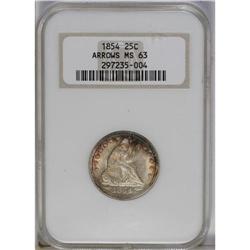 1854 25C Arrows MS63 NGC. Fire-red and navy-blue borde 