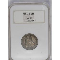 1856-O 25C AU55 NGC. Deep electric-blue and tan-gold t 
