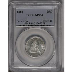 1858 25C MS64 PCGS. Briggs 1-C. Die crack from rim thr 