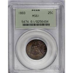 1869 25C MS61 PCGS. Rich orange-tan toning dominates, 
