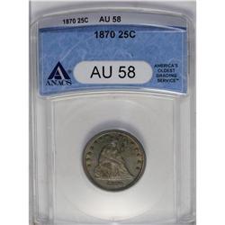 1870 25C AU58 ANACS. Beautifully toned in concentric g 