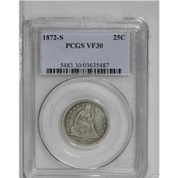 1872-S 25C VF30 PCGS. Moderate wear has left some of t 