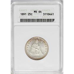 1891 25C MS64 ANACS. A near-Gem from the last year of 