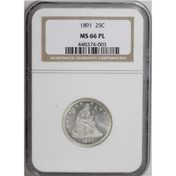 1891 25C MS66 Prooflike NGC. An alluring and brilliant 