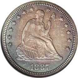 1887 25C PR67 NGC. Rich golden-brown, sea-green, and o 