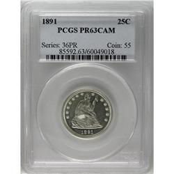 1891 25C PR63 Cameo PCGS. Light gray patina covers bot 
