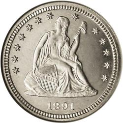 1891 25C PR65 Cameo NGC. Thickly frosted legends and d 