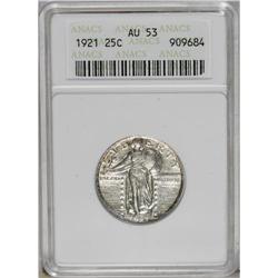 1921 25C AU53 ANACS. Lightly worn for the grade with a 