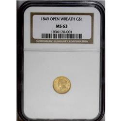 1849 G$1 Open Wreath MS63 NGC. Large Head. Reflective 