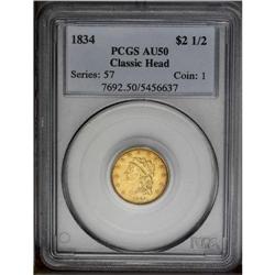 1834 $2 1/2 Classic AU50 PCGS. No Motto, Small Head, B 