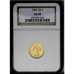 1843 $2 1/2 AU58 NGC. The subtly lustrous mustard-yell 