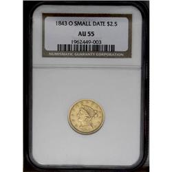 1843-O $2 1/2 Small Date, Crosslet 4 AU55 NGC. This pi 