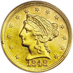 1848-D $2 1/2 AU58 PCGS. Variety 10-N. The scarcer of 