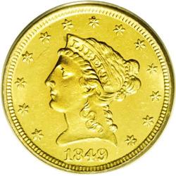 1849 $2 1/2 MS62 PCGS. This issue is quite elusive in 