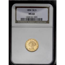1894 $2 1/2 MS60 NGC. A highly lustrous coin with stra 