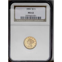 1894 $2 1/2 MS62 NGC. The lustrous fields are a deep r 