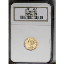 1896 $2 1/2 MS62 NGC. Satiny with rich orange-yellow f 