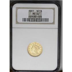 1901 $2 1/2 MS62 NGC. Softly lustrous, with light stra 