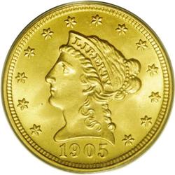 1905 $2 1/2 MS66 PCGS. Well struck with extremely brig 