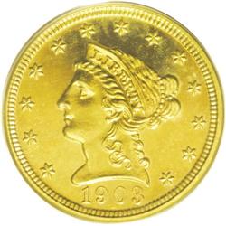 1903 $2 1/2 PR64 PCGS. Unusual deep orange-gold color 