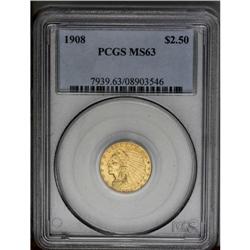 1908 $2 1/2 MS63 PCGS. An orange-yellow example with e 
