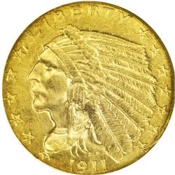 1911-D $2 1/2 AU58 NGC. A satiny pumpkin-gold represen 