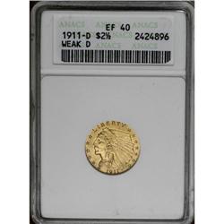 1911-D $2 1/2 Weak D XF40 ANACS. A smooth khaki-gold r 