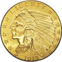 1913 $2 1/2 MS65 PCGS. A rich copper-gold and lime-gre 