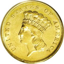 1861 $3 AU58 PCGS.From The Derrick Snider Collection. 