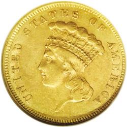 1862 $3 AU53 NGC. This dusky tan-gold example is refre 