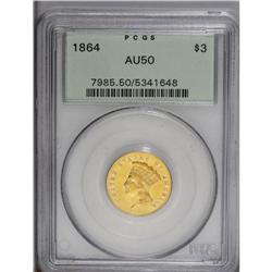 1864 $3 AU50 PCGS. This Civil War issue is scarce in A 