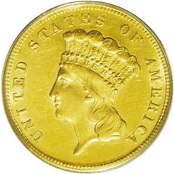 1869 $3 AU58 PCGS. Rich peach-gold and green toning is 