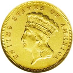 1871 $3 AU58 NGC.From The Derrick Snider Collection. 