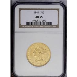 1841 $10 AU55 NGC. Amber with emerald overtones. Light 