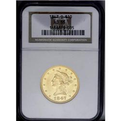 1847-O $10 AU55 NGC. A clean straw-gold example of thi 