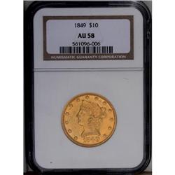 1849 $10 AU58 NGC. Traces of highpoint friction do lit 