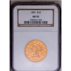 1851 $10 AU55 NGC. A pleasing lemon-gold example of th 