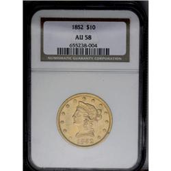 1852 $10 AU58 NGC. The major devices are sharply struc 
