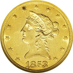 1853/2 $10 AU58 NGC. FS-007. Examination with a glass 