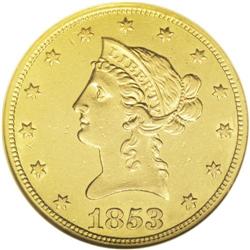 1853/2 $10 AU58 NGC. FS-007. Bright luster illuminates 