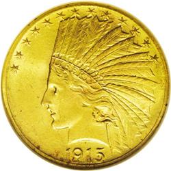 1915 $10 MS65 NGC. Radiant apricot and olive-gold toni 