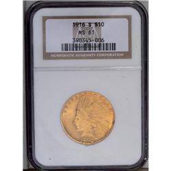 1916-S $10 MS61 NGC. A medium-orange San Francisco exa 