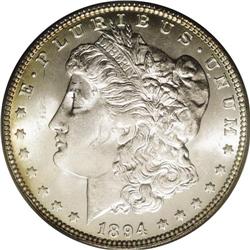 1894-O S$1 MS63 PCGS. A bit softly struck in the cente 