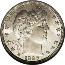 1899 50C MS65 NGC. A light silver-gold cast graces eac 