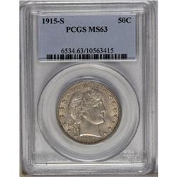 1915-S 50C MS63 PCGS. Blended golden-brown and dove-gr 