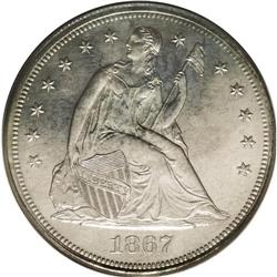 1867 S$1 PR63 PCGS. Gentle tints of gold and ivory-gra 