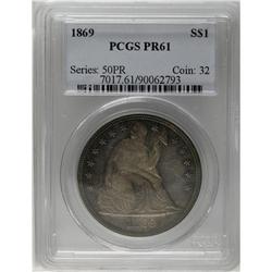 1869 S$1 PR61 PCGS. Blue and russet surfaces, with a p 