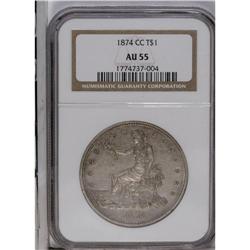 1874-CC T$1 AU55 NGC. Tall CC. This dove-gray Carson C 